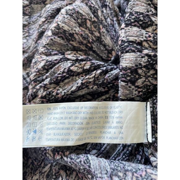 Womens Boho Mini Dress Small Black Purple Floral High Neck Long Sleeve Rayon - Picture 8 of 8